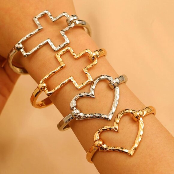 Chunky Gold Heart Cross Cuff Bracelet for Women, Hammered Handmade Jewelry - Picture 6 of 7